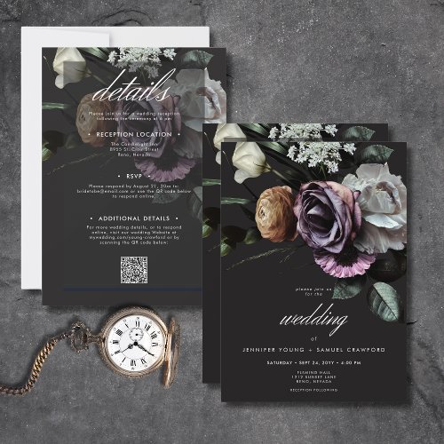 Elegant Moody Twilight Muted Floral All In One Invitation