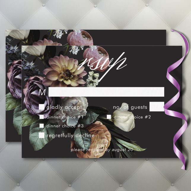 Elegant Moody Twilight Muted Floral Wedding Dinner RSVP Card (Elegant Moody Twilight Muted Floral Wedding Dinner RSVP Card)
