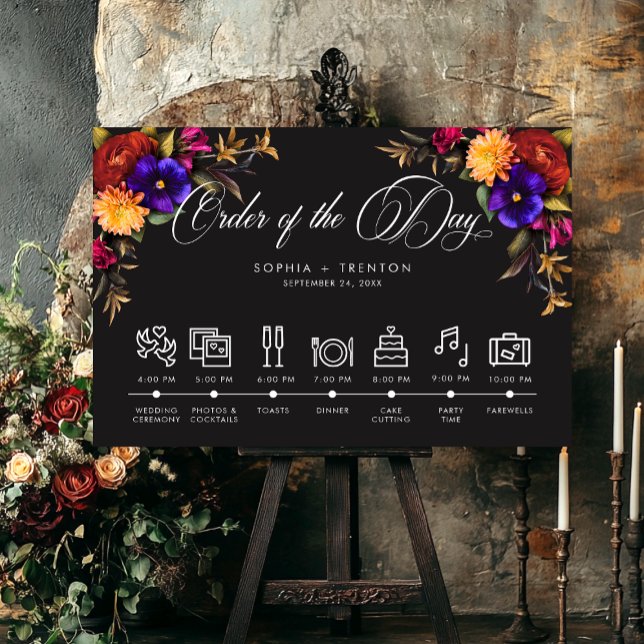 Elegant Moody Vibrant Floral Wedding Timeline Foam Board (Creator Uploaded)