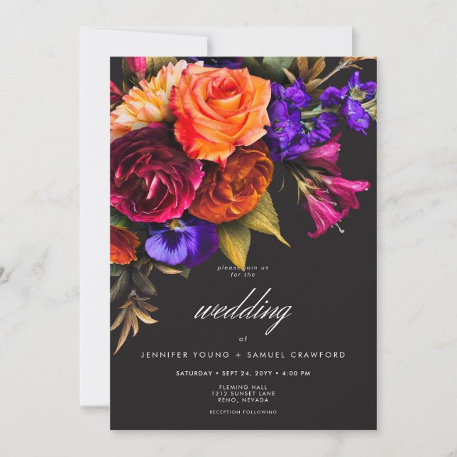 Elegant Moody Vibrant Harvest Floral Wedding Invitation (Front)