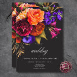 Elegant Moody Vibrant Harvest Floral Wedding Invitation<br><div class="desc">Embrace the opulent beauty of a fall floral harvest with our captivating wedding invitation. A dramatic, yet soft black background provides the perfect canvas for a breathtakingly realistic bouquet. Imagine a vibrant explosion of color, featuring roses in orange and dark magenta, with small magenta pink flowers and purple violets and...</div>