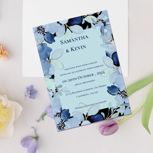 Elegant Moody Watercolor Blue Floral Wedding Invitation