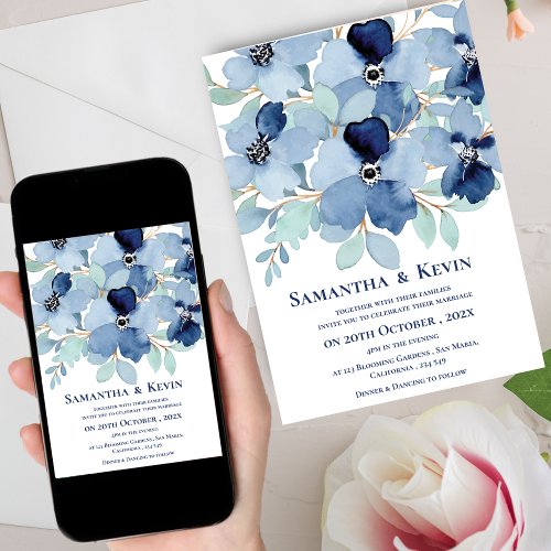 Elegant Moody Watercolor Blue Floral Wedding Invitation