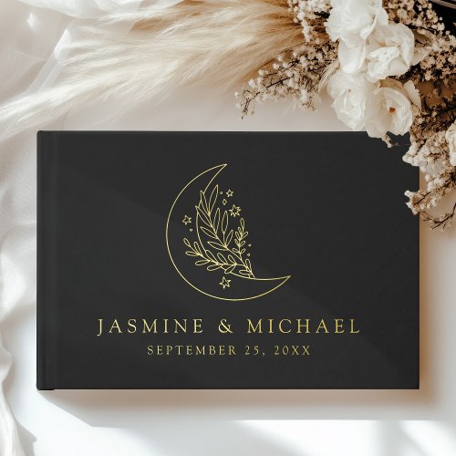 Elegant Moon and Stars Black and Gold Wedding Foil Guest Book