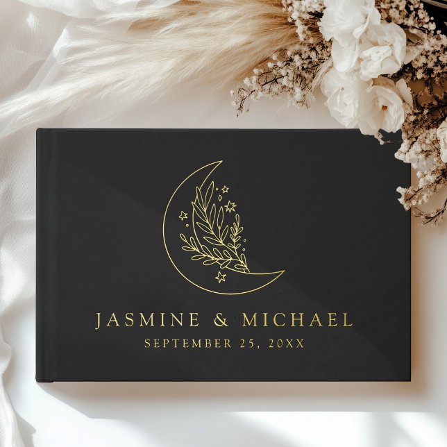 Elegant Moon and Stars Black and Gold Wedding Foil Guest Book (Creator Uploaded)