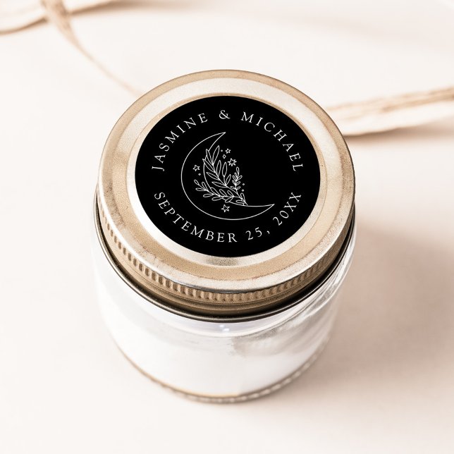 Elegant Moon and Stars Black Wedding Favor Classic Round Sticker (Creator Uploaded)
