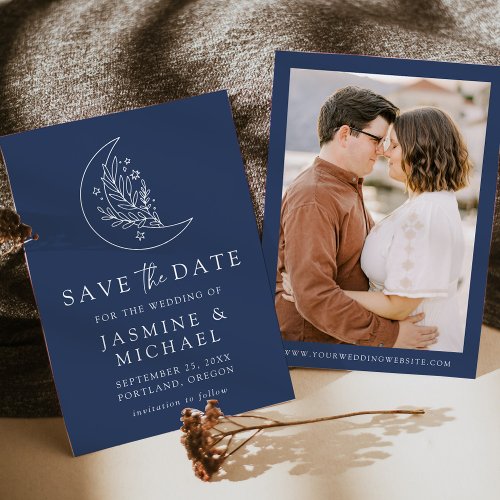 Elegant Moon and Stars Navy Photo Save The Date