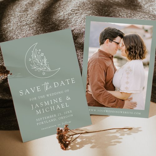Elegant Moon and Stars Sage Green Photo Save The Date