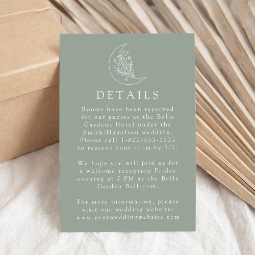 Elegant Moon and Stars Sage Green Wedding Details Enclosure Card