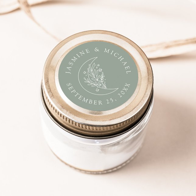 Elegant Moon and Stars Sage Green Wedding Favor Classic Round Sticker (Creator Uploaded)