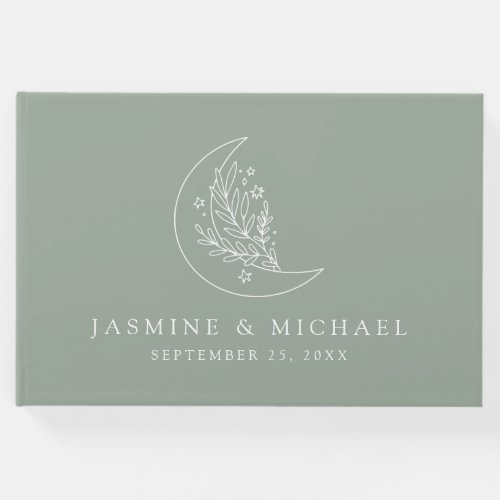 Elegant Moon and Stars Sage Green Wedding Guest Book