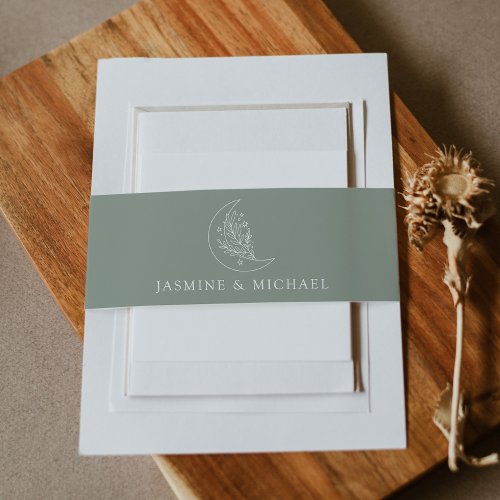 Elegant Moon and Stars Sage Green Wedding Invitation Belly Band