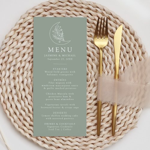 Elegant Moon and Stars Sage Green Wedding Menu