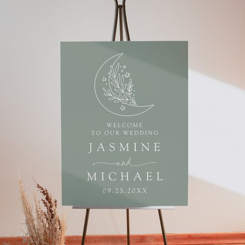 Elegant Moon and Stars Sage Green Wedding Welcome Foam Board