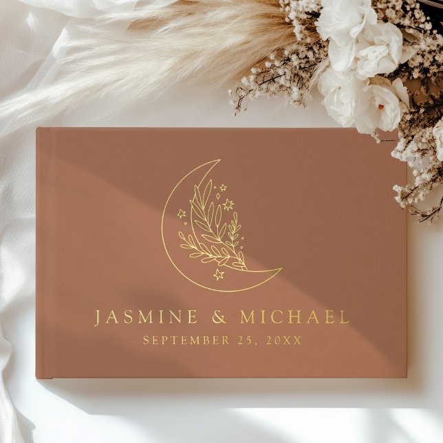 Elegant Moon and Stars Terracotta Photo Wedding Foil Guest Book (Creator Uploaded)