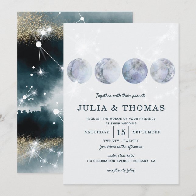 Elegant Moon Blue Gold Stars Wedding Invitation (Front/Back)