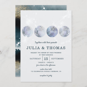 Elegant Moon Blue Gold Stars Wedding Invitation