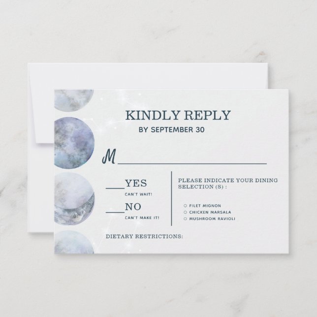 Elegant Moon Blue Gold Stars Wedding RSVP Card (Front)