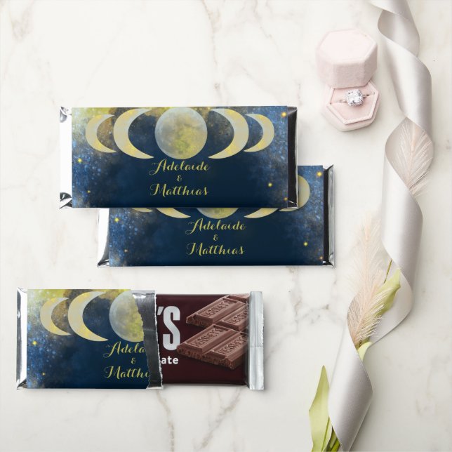 Elegant Moon Celestial Engagement:Blue & Gold Hershey Bar Favors (Front)