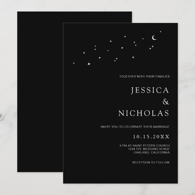 Elegant Moon & Stars Minimal Black Wedding  Invitation (Front/Back)
