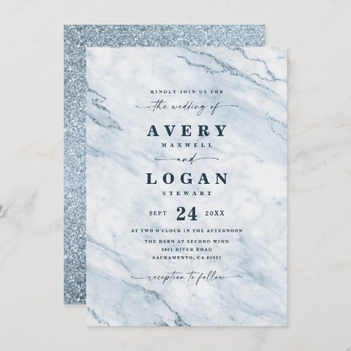 Elegant Moonlight Blue Marble  Glitter Wedding Invitation