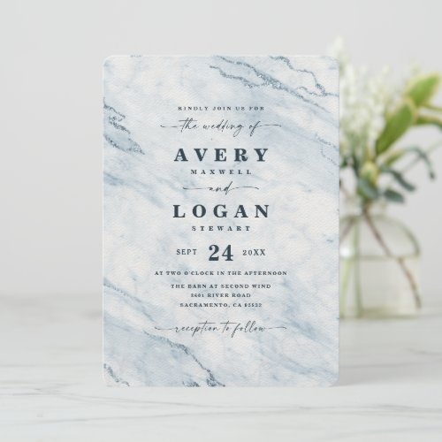 Elegant Moonlight Blue Metallic Marble Wedding Invitation