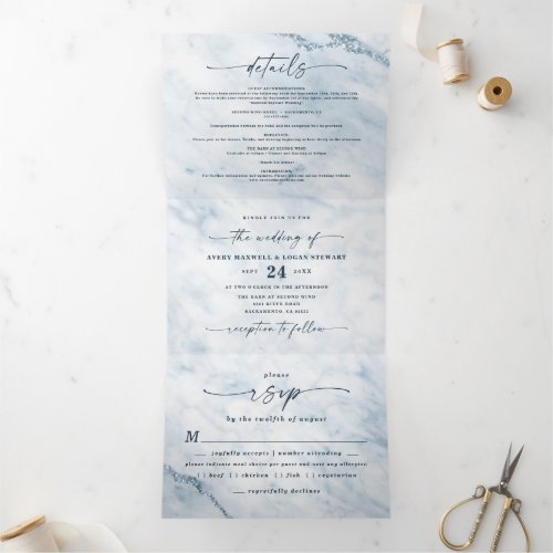 Elegant Moonlight Blue Metallic Marble Wedding Tri_Fold Invitation