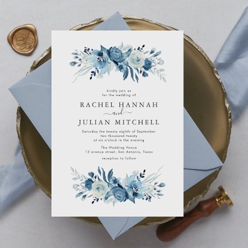 Elegant moonlight blue watercolor floral wedding invitation
