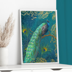 Elegant Moonlight Peacock n Feather Gold Foil Teal Foil Prints