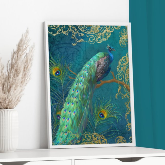 Elegant Moonlight Peacock n Feather Gold Foil Teal Foil Prints (Creator Uploaded)