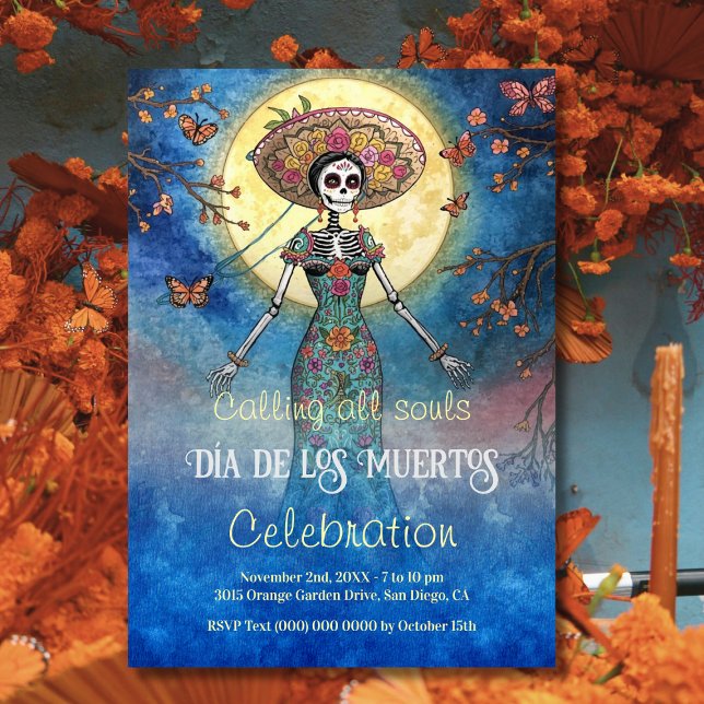 Elegant Moonlit Catrina Día de Muertos Celebration Invitation (Moonlit teal Catrina invitation with folk floral details and glowing Día de Muertos hues.)