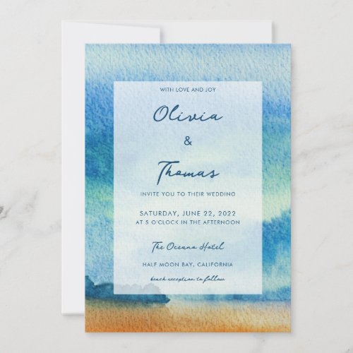 Elegant Morning Blue Ocean Seafront Beach Wedding Invitation