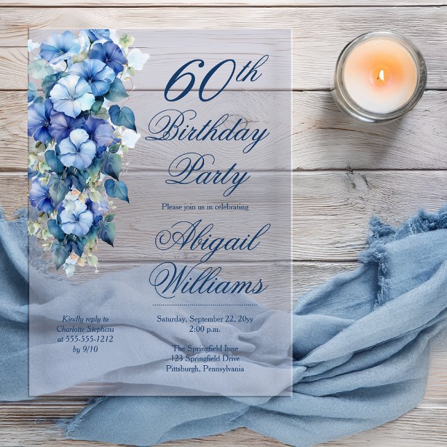Elegant Morning Glories Blue Floral 60th Birthday  Acrylic Invitations (Boho Elegant Morning Glories Blue Floral 60th Birthday Party Acrylic Invitation )