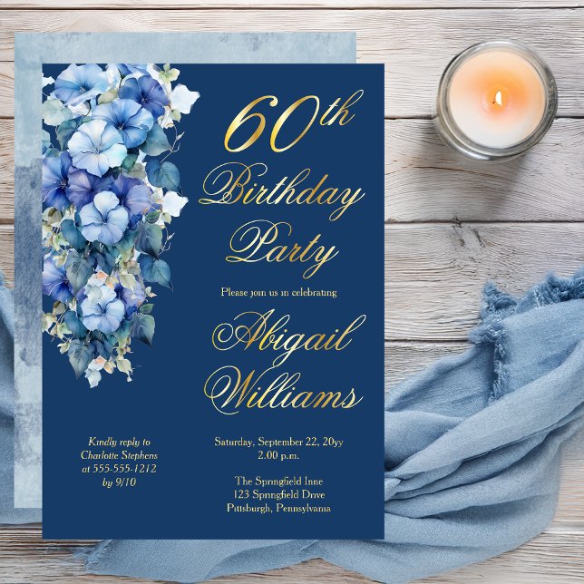 Elegant Morning Glories Blue Floral 60th Birthday  Foil Invitation (Boho Elegant Morning Glories Blue Floral 60th Birthday Party Gold Foil Invitation )