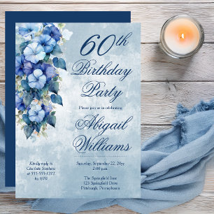 Elegant Morning Glories Blue Floral 60th Birthday Invitation