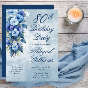 Elegant Morning Glories Blue Floral 80th Birthday  Invitation