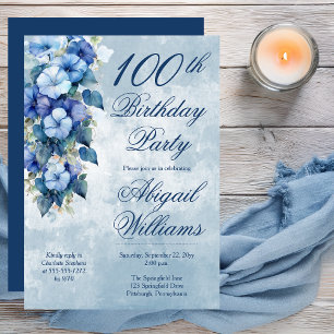 Elegant Morning Glory Blue Floral 100th Birthday Invitation