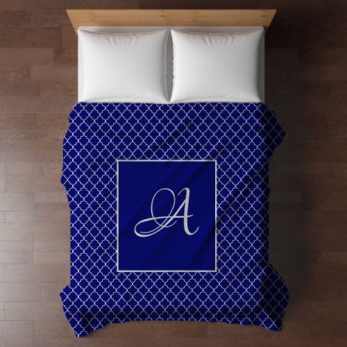 Elegant Moroccan damask navy Blue monogram Duvet Cover