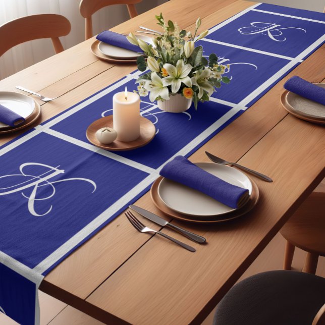 Elegant Moroccan damask navy Blue monogram Short Table Runner (Creator Uploaded)