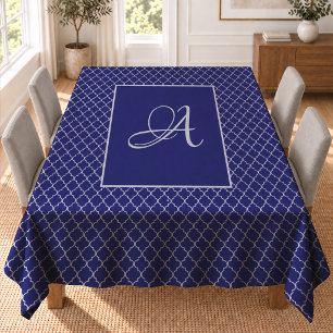 Elegant Moroccan damask navy Blue monogram Tablecloth