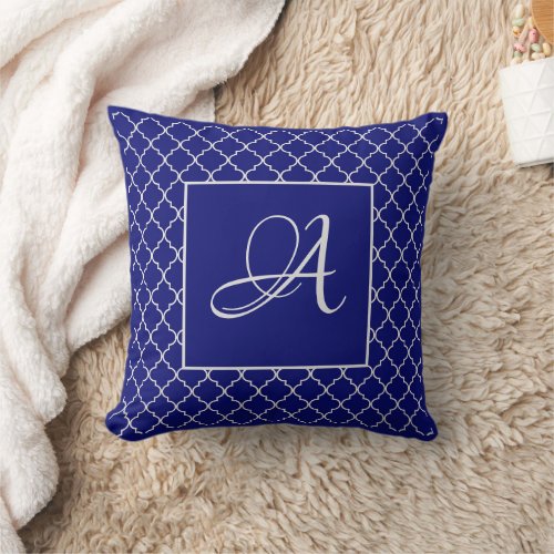 Elegant Moroccan damask navy Blue monogram Throw Pillow