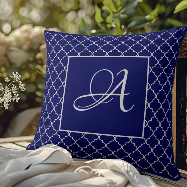 Elegant Moroccan damask navy Blue monogram Throw Pillow (Creator Uploaded)
