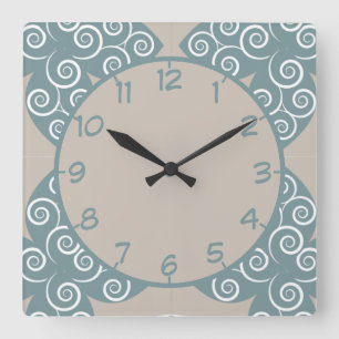 Elegant Moroccan Tile Blue Silver Pattern Square Wall Clock