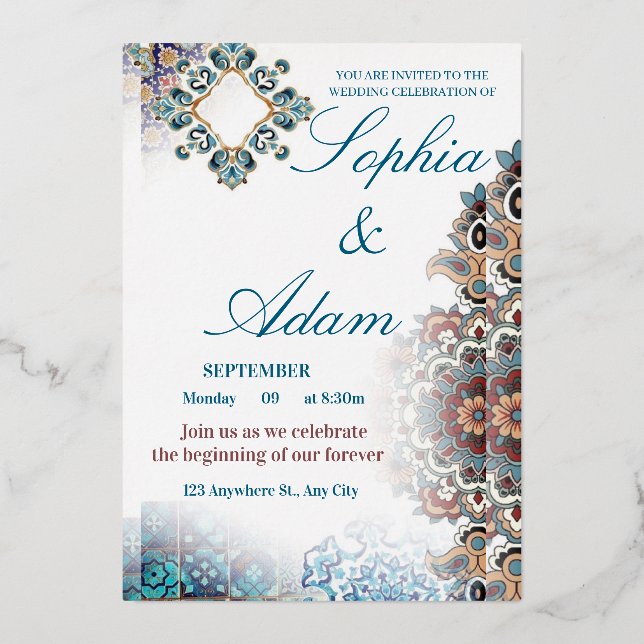 Elegant Moroccan Tile Wedding Invitation Foil Invitation (Front)