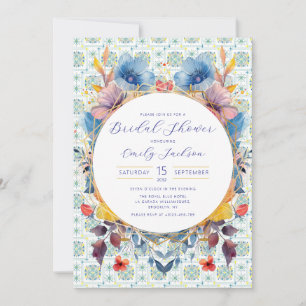 Elegant Moroccan Tiles Floral Blue Invitation
