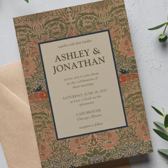 Elegant Morris Peacock & Dragon Pattern Wedding Invitation (Creator Uploaded)