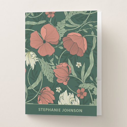 Elegant Morris Style Floral Coral Green Teal Pocket Folder