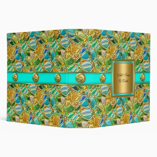 Elegant Mosaic Teal Blue Aqua Gold Button 3 Ring Binder