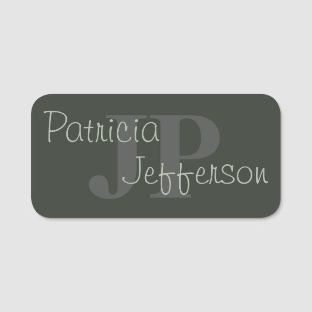 Elegant Moss Dark Green Monogram Name Tag (Front)