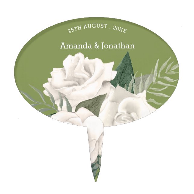 Elegant Moss Green and White Roses Wedding Cake Topper (Front)